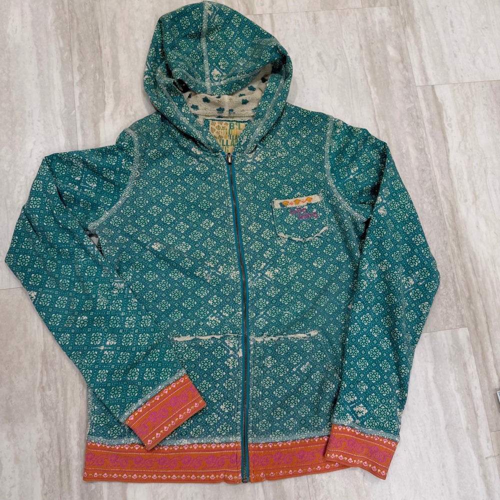 Billabong Reversible Zip Hoodie Teal Floral Y2K Surf Boho Sweatshirt Womens L